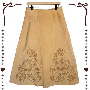 VTG 1970s Suede Midi Skirt Boho Luxe Romantic Folk Revival Western A LINE Size 6